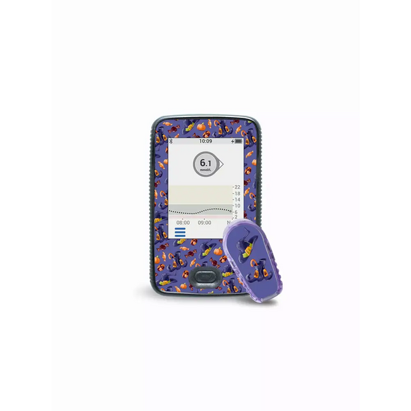 Dexcom G6 Halloween edition stickers on receiver and transmitter.