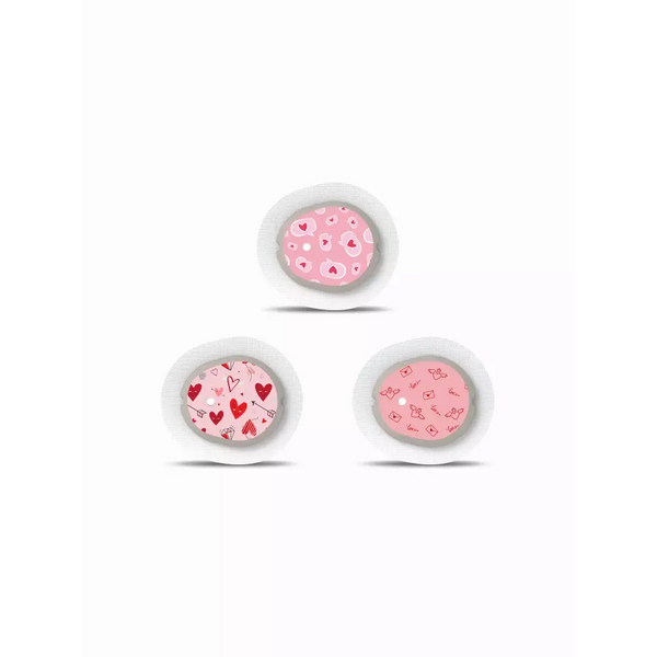 Valentine-themed Dexcom G7 sensor stickers with heart designs.