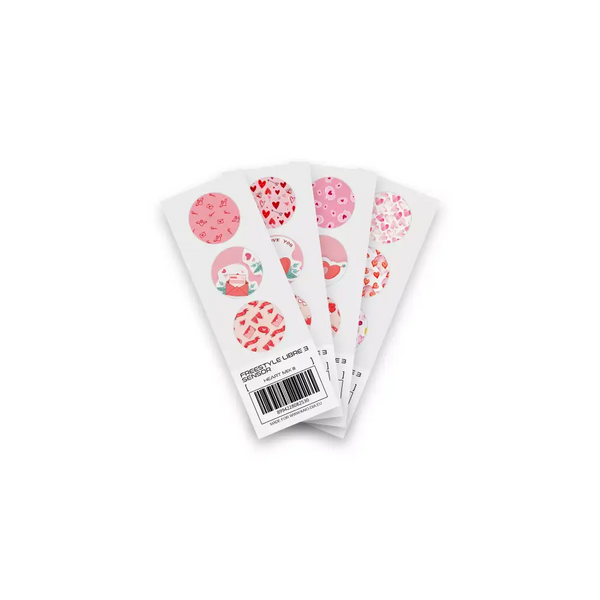 Valentine-themed Freestyle Libre 3 sensor stickers.