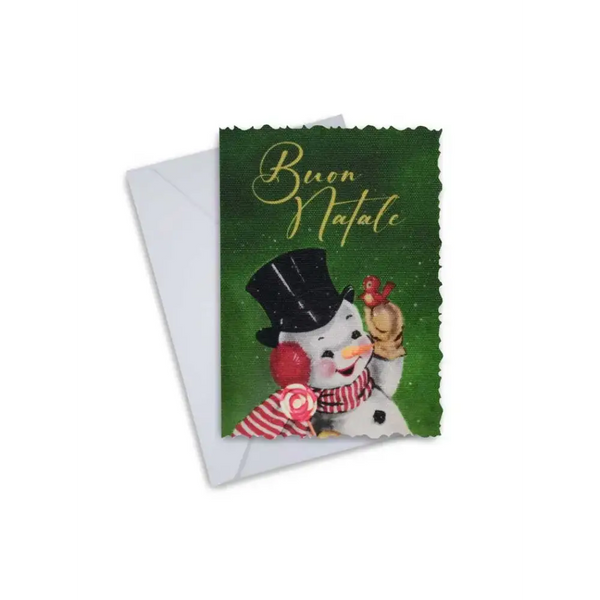 Elegant Christmas greeting card featuring a snowman with "Buon Natale" text.
