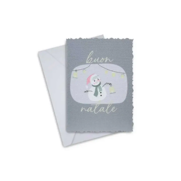 Elegant Christmas Greeting Card with snowman design, featuring "buon natale" text, and an accompanying envelope.