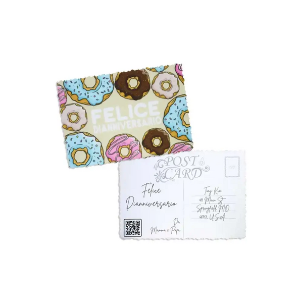 Diaversary postcards featuring colorful donut design and handwritten message.