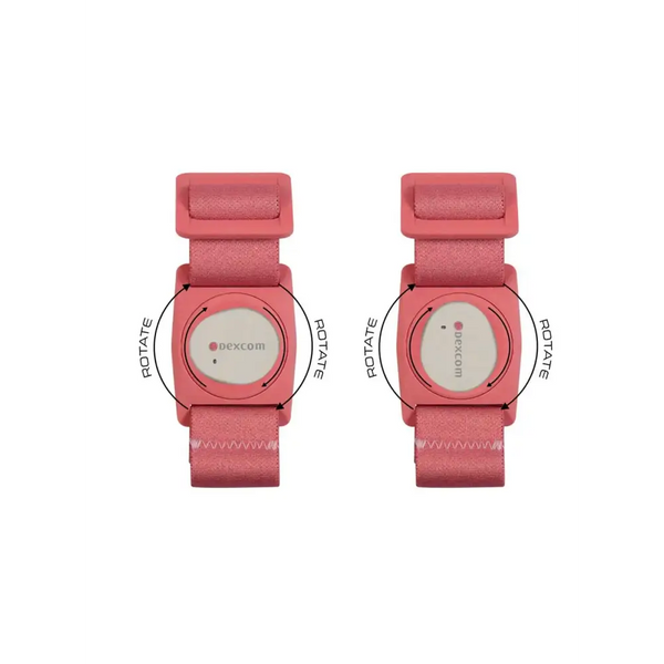 Pink wristwatch front and back views on Dexcom G7 Sensor Dia-Style Armband with rotating clip