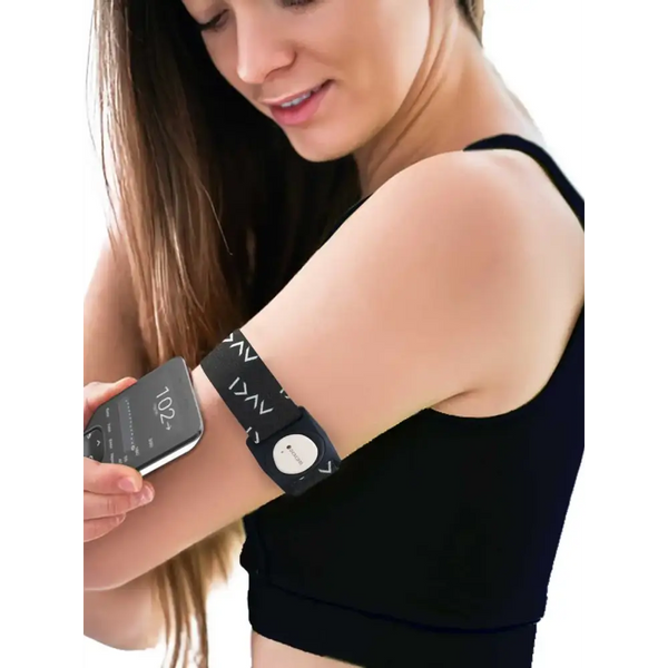 Black Dia-Style Armband for Dexcom G7 Sensor with heart rate monitor and rotating clip