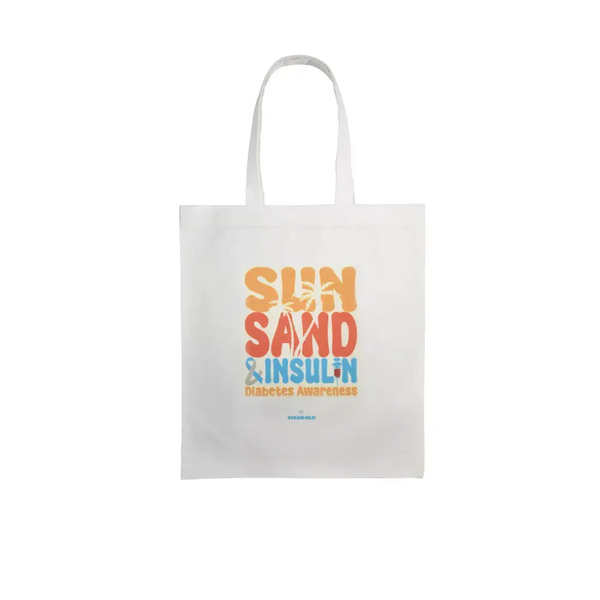 Diabetes Awareness Bag, Kaio-Tote Bag Summer 2024, Sun Sand and Insulin design, durable, white.