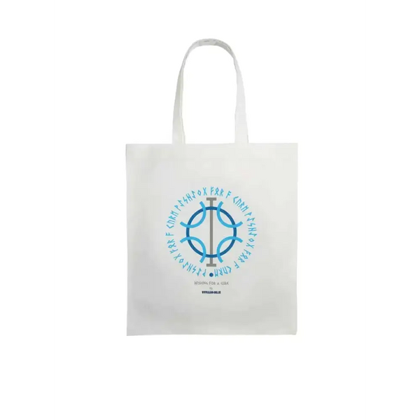 Diabetes Awareness Tote Bag with Viking symbols and rune text in blue.