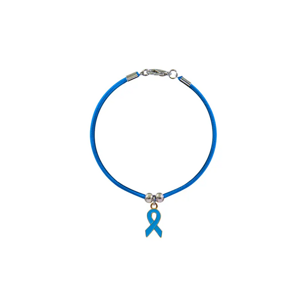 Diabetic bracelet with blue ribbon charm for awareness.
