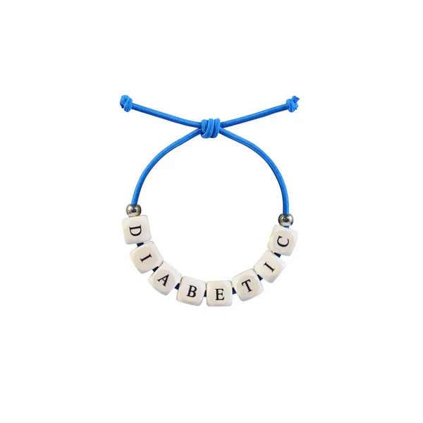 Diabetic bracelets for awareness with beaded design and blue cord.