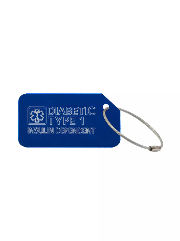 Blue luggage tag with the text 'Diabetic Type 1 Insulin Dependent' engraved.