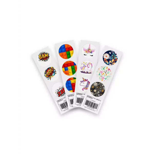 Freestyle Libre 2 Stickers - Fun Vibes collection showcasing designs like BAM!, Lego, Unicorn, and Flowers. Customize and protect your CGM sensor with vibrant stickers.