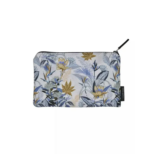 Zipper bag for diabetics with floral design, holds glucose meter and supplies.