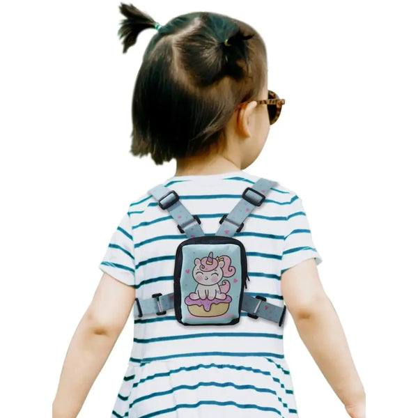 Insulin pump harness for kids featuring adjustable straps and unicorn design.