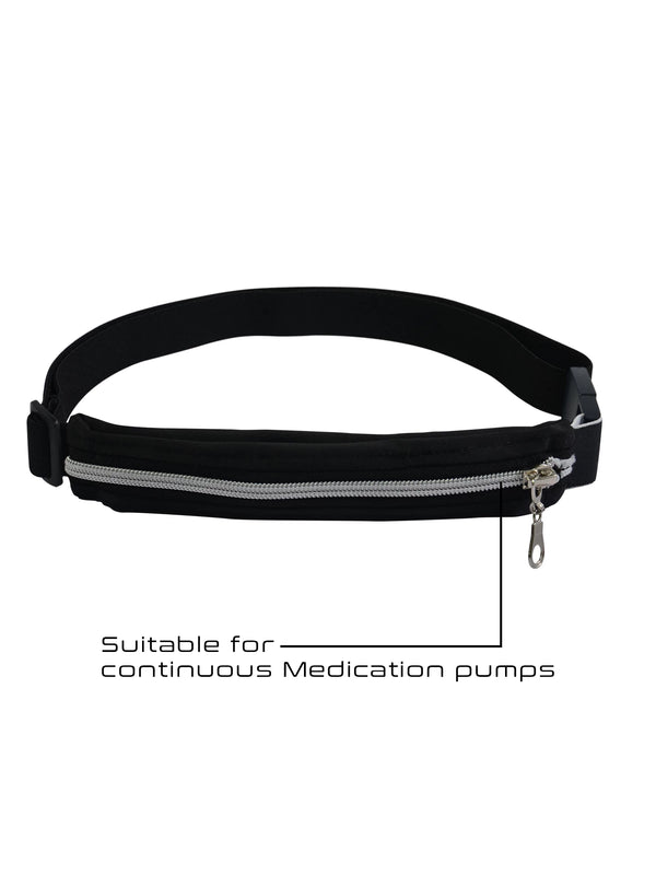 Front view of the Kaio-Device infusion pump belt with zippered pouch