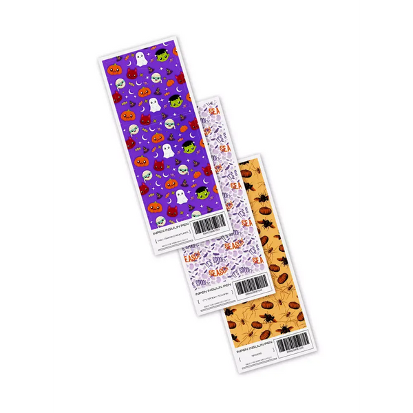 InPen Insulin Pen Stickers Sheets - Assorted designs including Halloween creatures, 'It's Spooky Season' text with bats, and spider web patterns on colorful backgrounds.