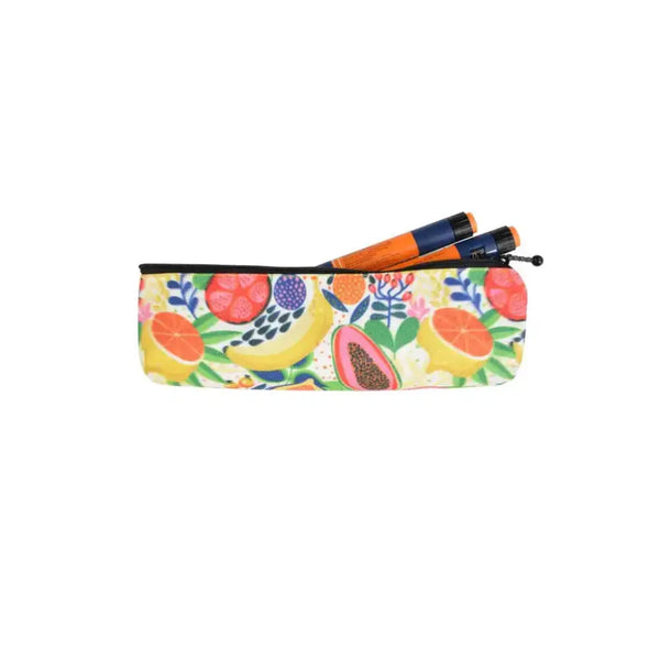 Colorful Dia-PencilCase for children, insulin cooler travel case holding medical pens, compact design with fruit pattern.