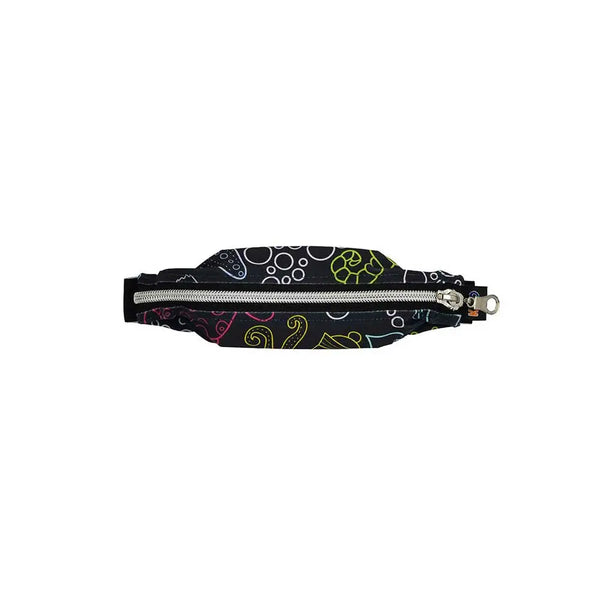 Wide insulin pump belly pouch with vibrant eco-friendly prints and durable zipper closure.