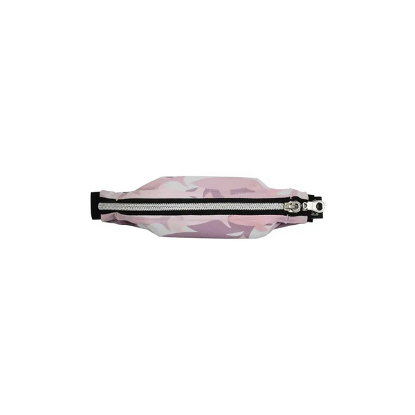 Wide insulin pump belly pouch in pink camouflage design with a durable zipper closure.