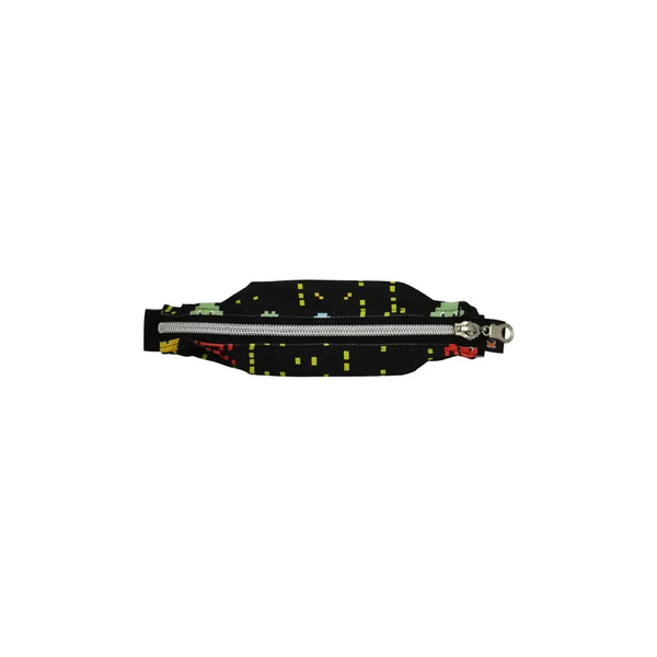 Wide insulin pump belly pouch with reinforced openings and durable zipper, black with yellow and green accents.