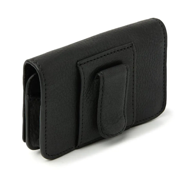 Leather insulin pump holder with magnetic closure and belt attachment.