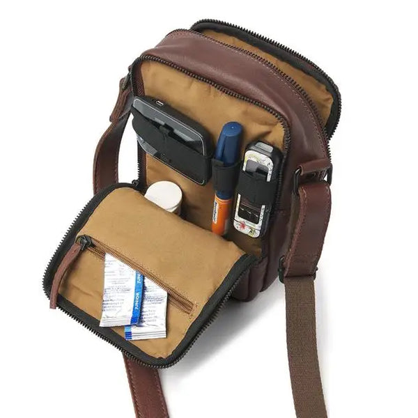 Elegant Leather Diabetes Shoulder Bag with Organized Compartments for Supplies and Personal Items by Sweet Collections.