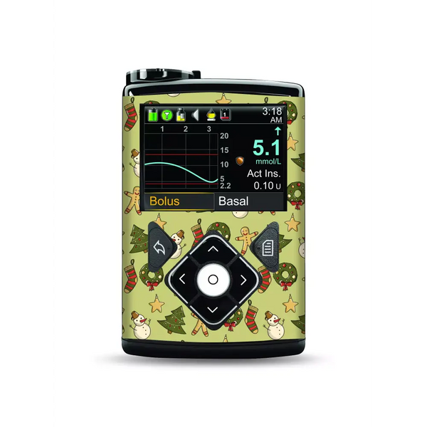 Colorful Christmas-themed Medtronic MiniMed stickers on an insulin pump casing