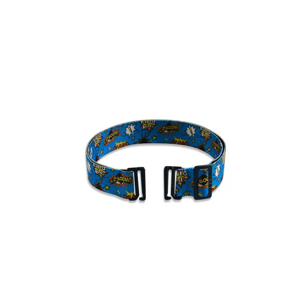 Adjustable blue kids' belt with fun design, suitable for insulin pump pouches, featuring secure metallic hooks.