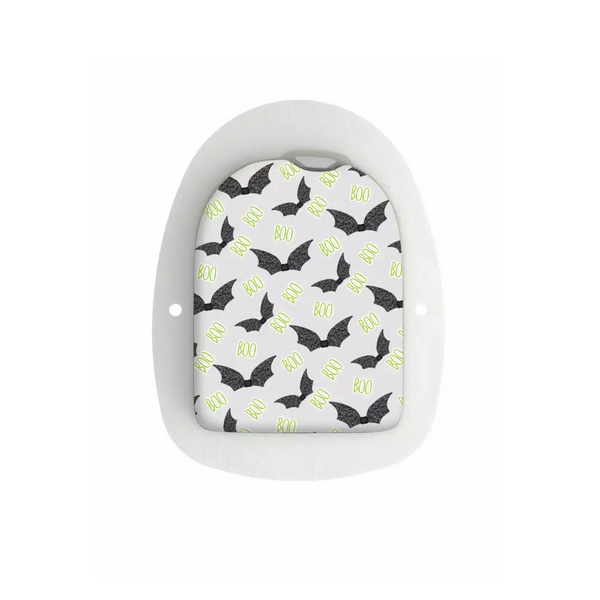 Omnipod POD Sticker Halloween Edition with bats and "Boo" design.