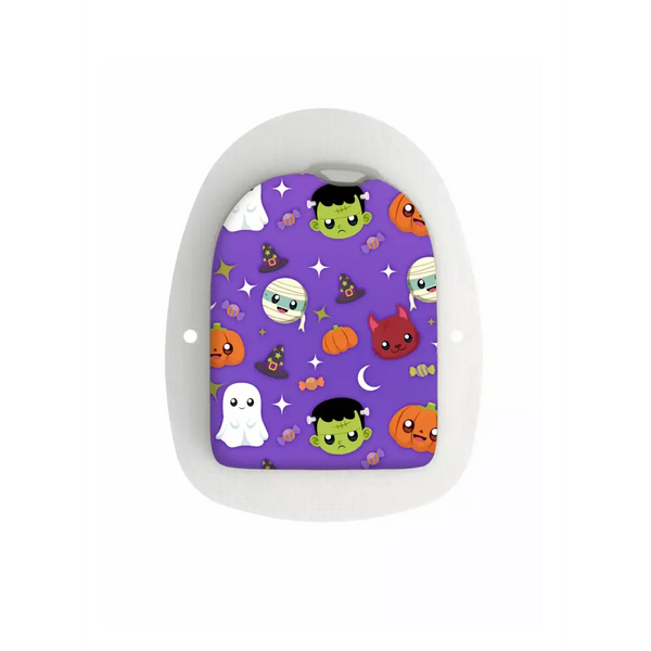 Omnipod Stickers - Halloween creatures theme with cute characters like pumpkins, ghosts, and Frankenstein on a purple background.