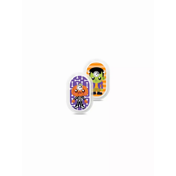 Sibionics GS1 Stickers - Set of 2 with Halloween creatures theme featuring a pumpkin head character and Frankenstein on colorful backgrounds.