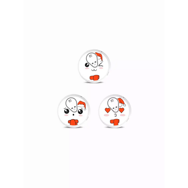 Three cartoon snow globes with face designs and red accents for Sinocare iCan i3 CGM