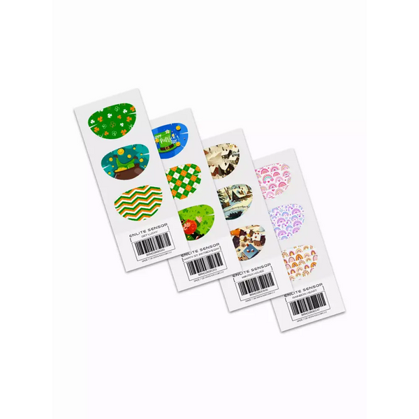 Guardian Enlite Sensor Stickers St. Patrick's Day Edition with festive designs on white background.