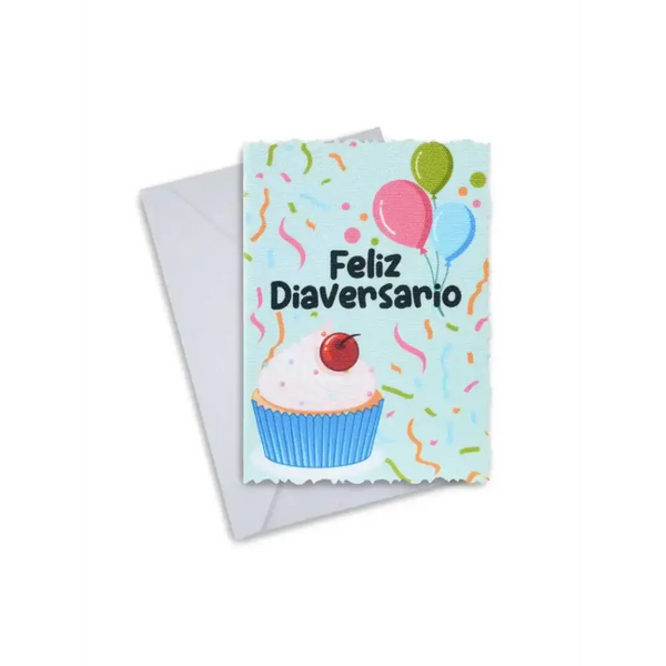 Diaversary card with cupcake and balloons, celebrating diabetes journey.