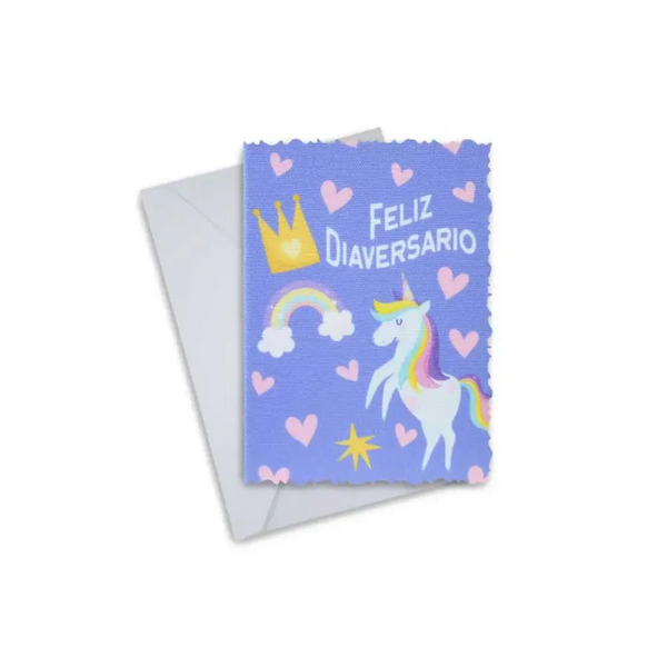 Diaversary card with unicorn and rainbow design, including envelope.