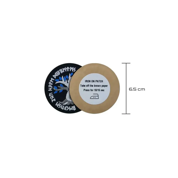 Viking-inspired embroidered diabetes awareness iron-on patch with Nordic runes, 6.5 cm diameter.
