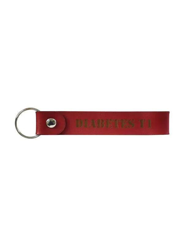 Diabetes T1 leather keychain in red with metal ring, Kaio-Key Hanger.