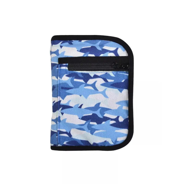 Colorful diabetic travel case for kids with shark print design.