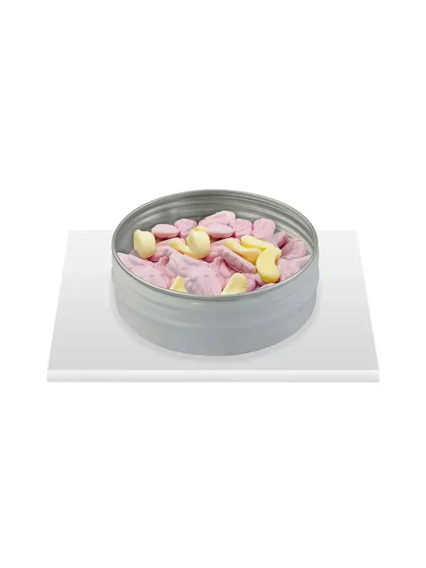 Large tin box for hypo treats with colorful interior contents.
