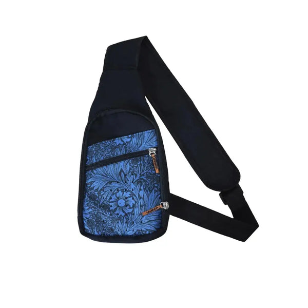 Shoulder bag with insulin cooling system, Dia-GO! Lite, featuring blue floral design, lightweight and compact for diabetes essentials.