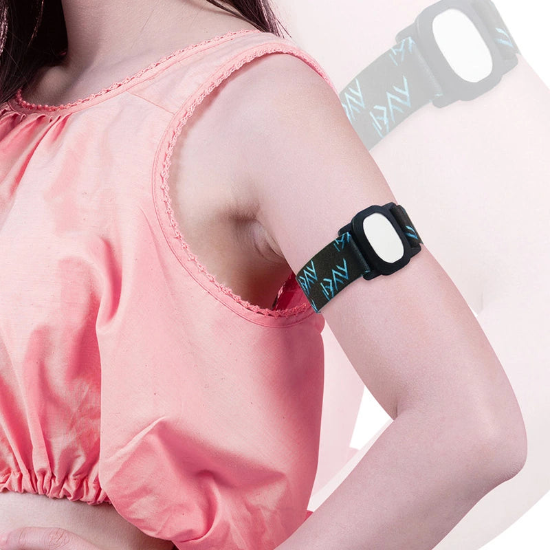 BUZUD CGM adjustable armband worn on arm, protecting a blood glucose sensor for daily use and sports. Image