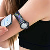Guardian Enlite armband with glucose sensor for continuous blood glucose monitoring. Features a colorful, patterned band for secure and stylish sensor placement during daily activities or workouts.