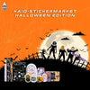 Halloween-themed image with zombies holding diabetes devices covered in Halloween stickers. "Kaio-Stickermarket Halloween Edition" text above.