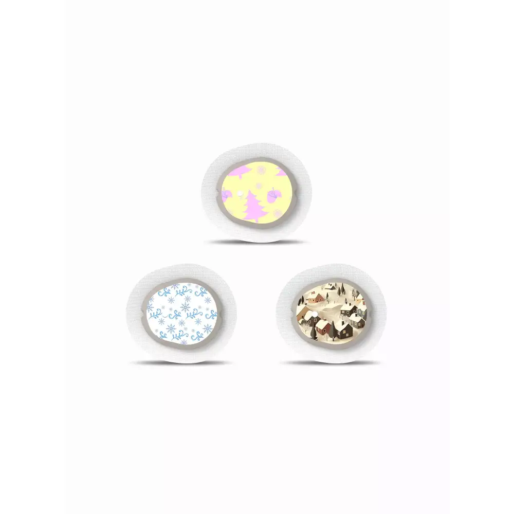 Winter-themed Dexcom G7 sensor stickers in holiday designs.