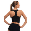 Woman wearing black crop top designed for insulin pump with integrated pockets, showcasing back view.
