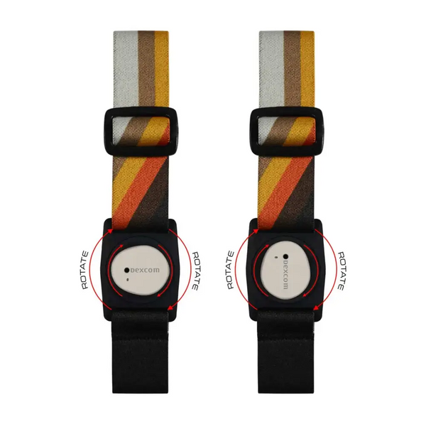 Black Dexcom G7 Armband with Rotating Clip, featuring orange and yellow diagonal stripes