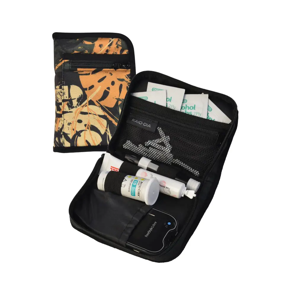 Compact diabetic travel case with compartments for glucometer, strips, and accessories.