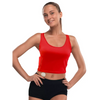 Woman wearing a red crop top designed for insulin pumps with integrated pockets.