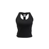 Women's crop top for insulin pump, black, soft stretch fabric, dual pump pockets with tubing holes.