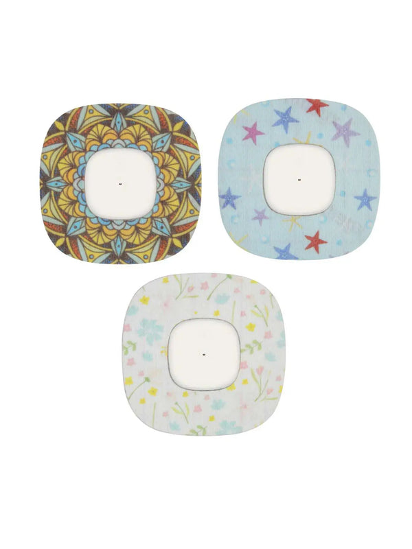 Simplera Sensor Patches in assorted designs, featuring mandala, star, and floral patterns.