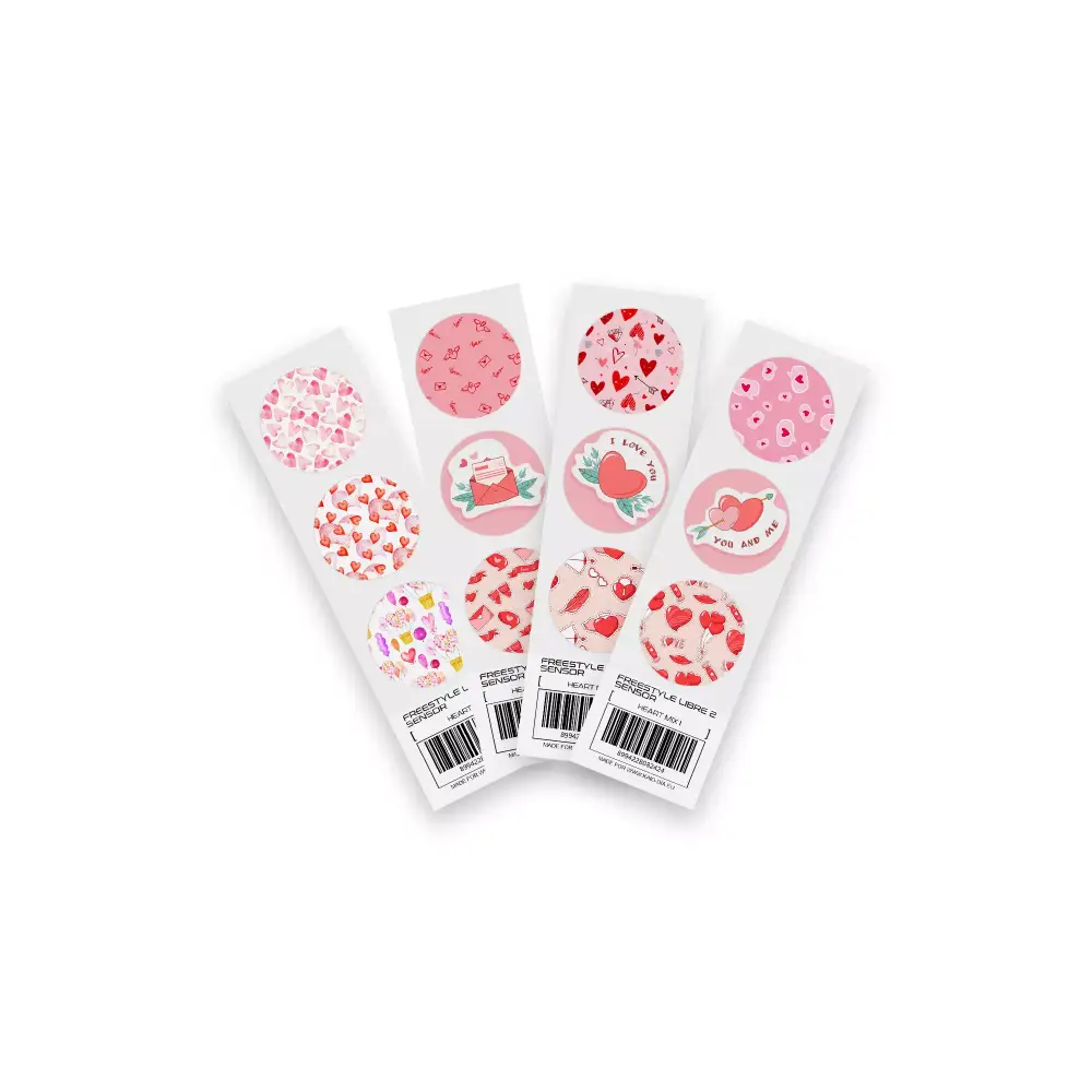 Freestyle Libre 2 Valentine Edition 2024 sensor stickers with rainbow hearts and love motifs.