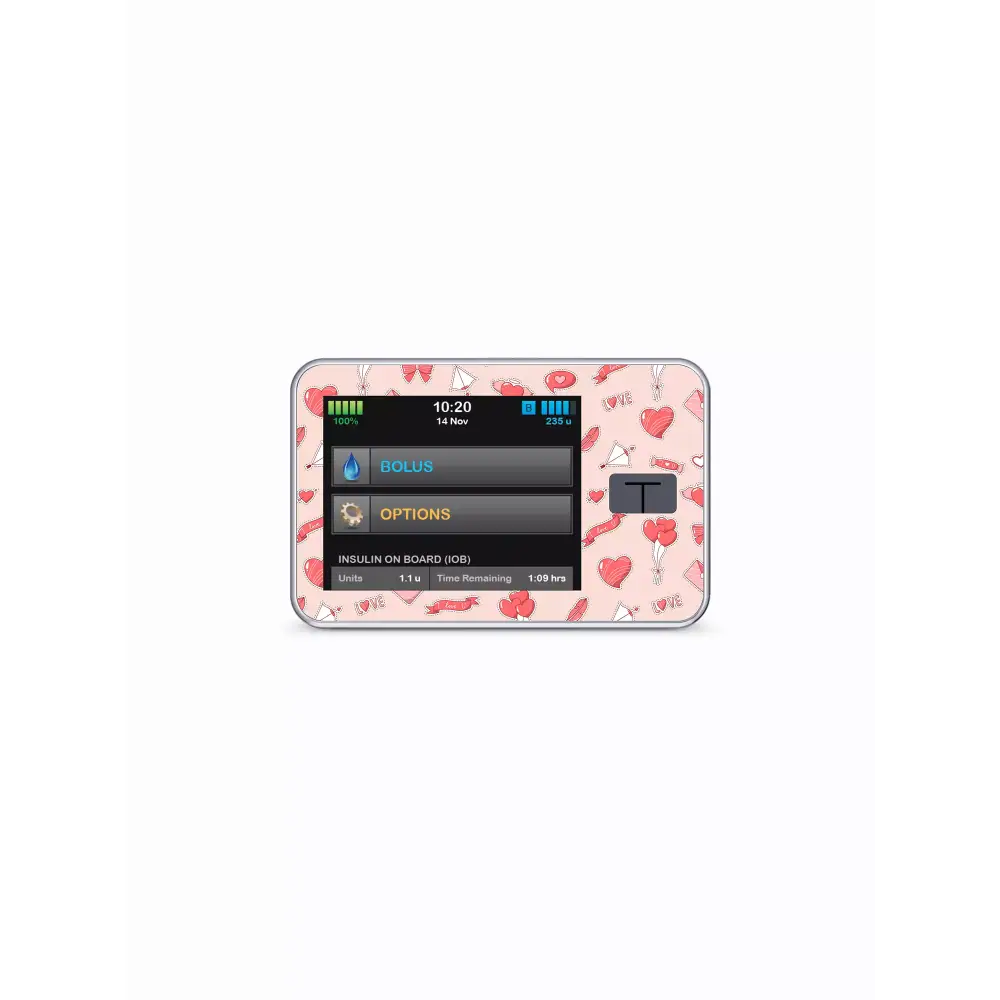Tandem t:slim insulin pump with Valentine-themed waterproof sticker featuring hearts and love designs